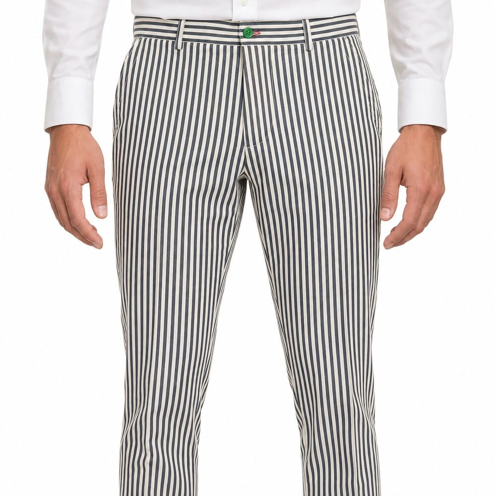Mens 36 Blue White Stripe Cotton Slim Fit Flat Front Dress Pants Trousers NWT